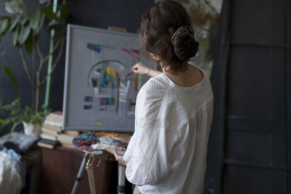 Rear view of Caucasian woman painting on easel