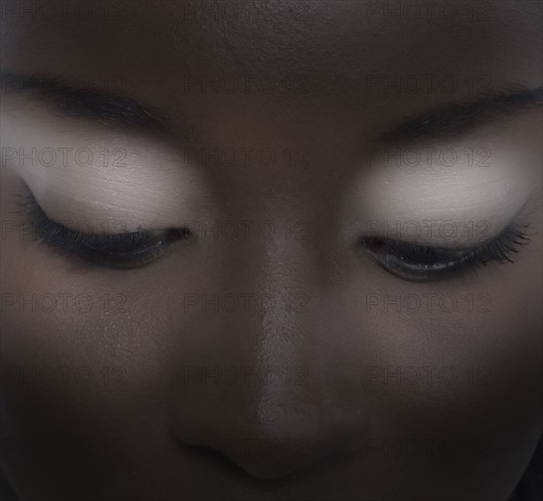 Close up of woman wearing eyeshadow