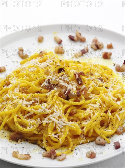 Close up of pasta with bacon bits and cheese