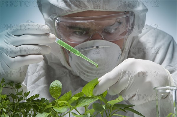 Caucasian scientist wearing clean suit dripping liquid on seedling