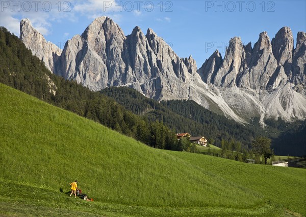 Distant man cutting grass on hill