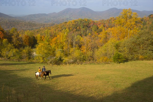 Distant Caucasian couple horseback riding in field