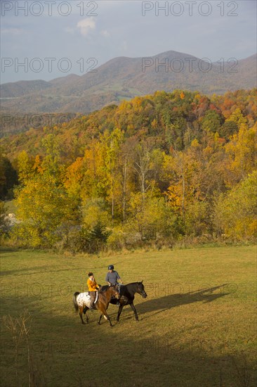 Distant Caucasian couple horseback riding in field