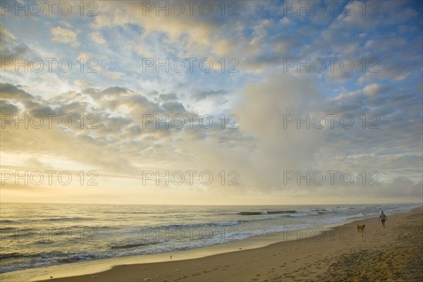 Man and dog on ocean beach at sunset