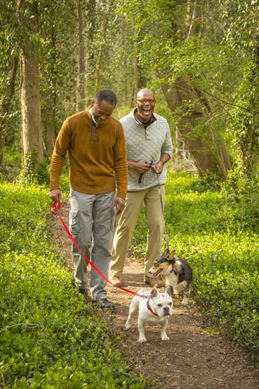 African American men walking dogs on path in forest