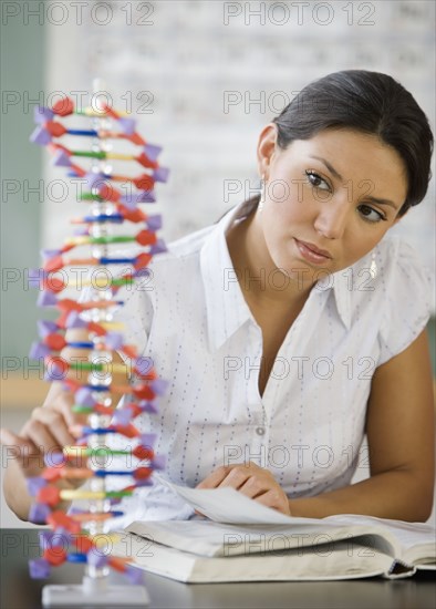 Hispanic woman looking at DNA model