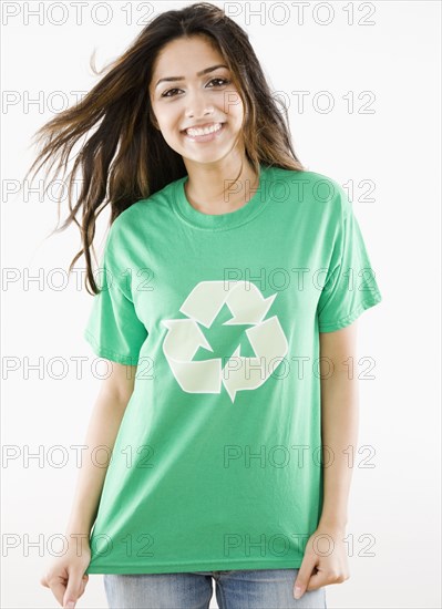 Middle Eastern woman wearing recycling t-shirt