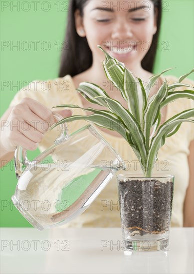 Hispanic woman watering plant