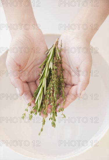 Woman holding fresh herbs over bowl of water