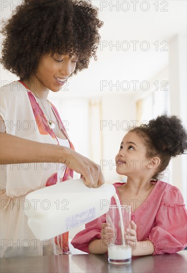 Mother pouring milk into glass for daughter