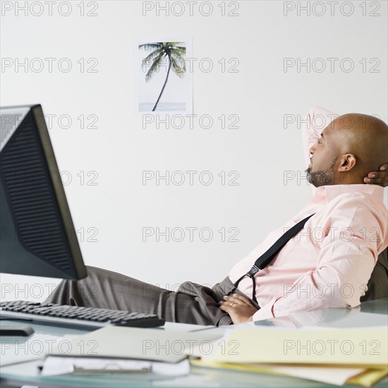 African American businessman looking at picture of palm tree