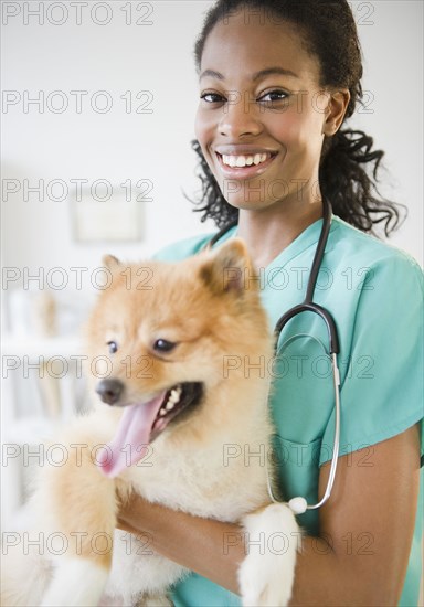 Mixed race veterinarian holding Pomeranian dog
