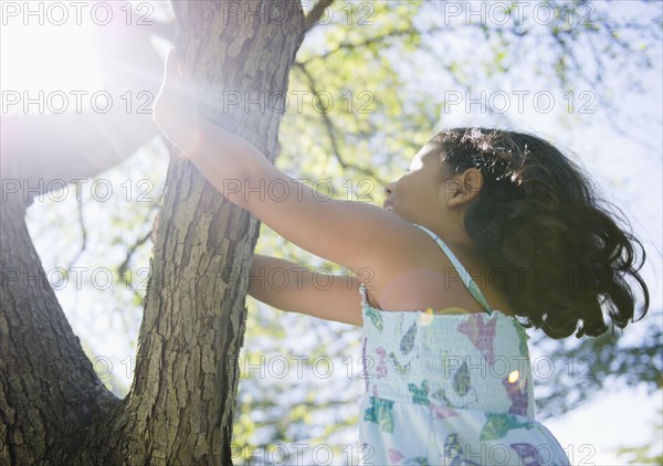 Hispanic girl climbing tree