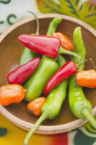 Colorful chili peppers in bowl