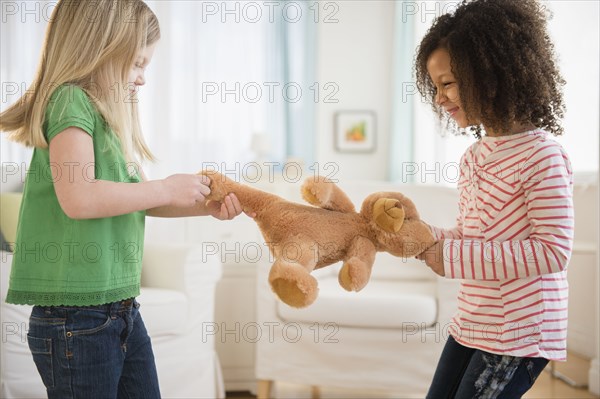 Girls fighting over teddy bear in living room