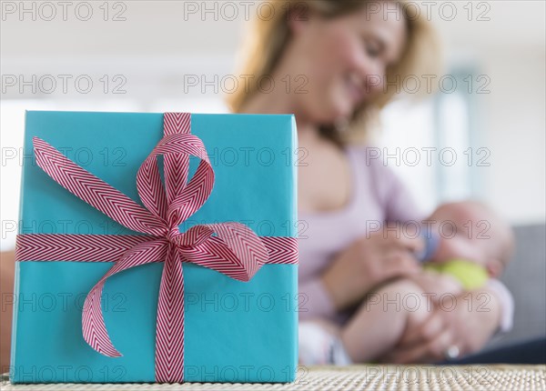 Close up of wrapped gift on table