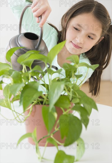 Mixed race girl watering indoor plants