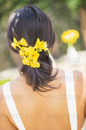 Newlywed bride with flowers in hair