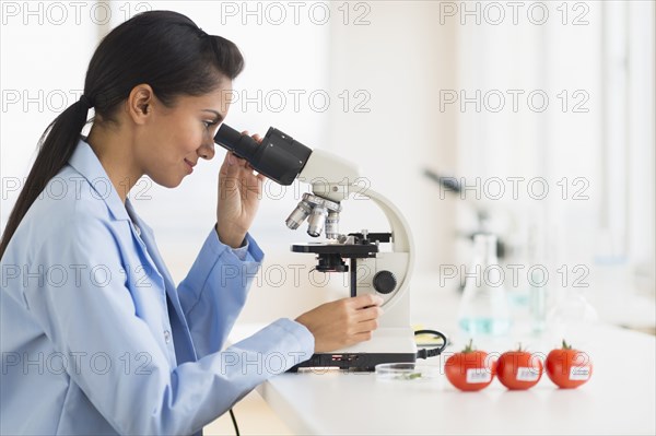 Hispanic scientist using microscope in laboratory
