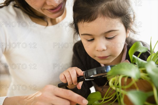 Hispanic mother and daughter examining plants