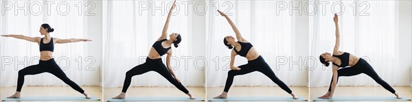 Caucasian woman practicing yoga sequence