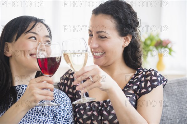 Women toasting each other with wine