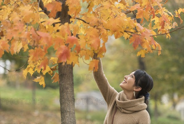 Asian woman reaching for autumn leaves in park