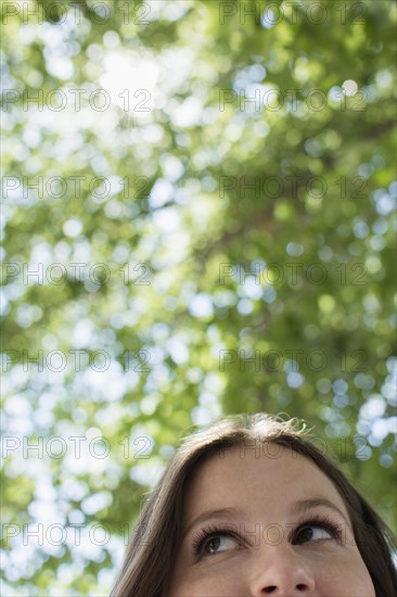Close up of Caucasian woman looking up
