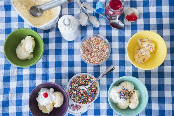 High angle view of ice cream sundaes