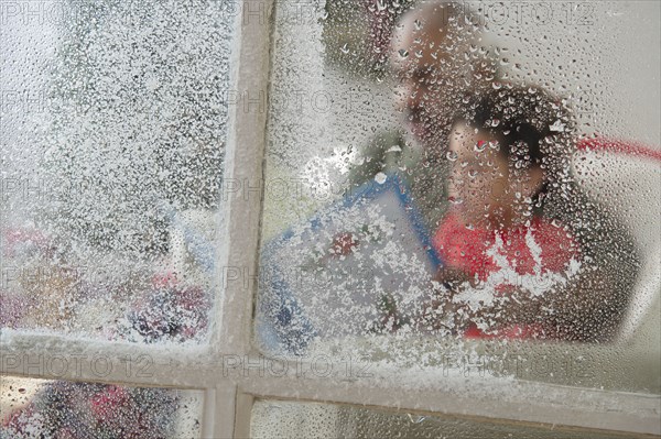 Close up of snow on window at Christmas