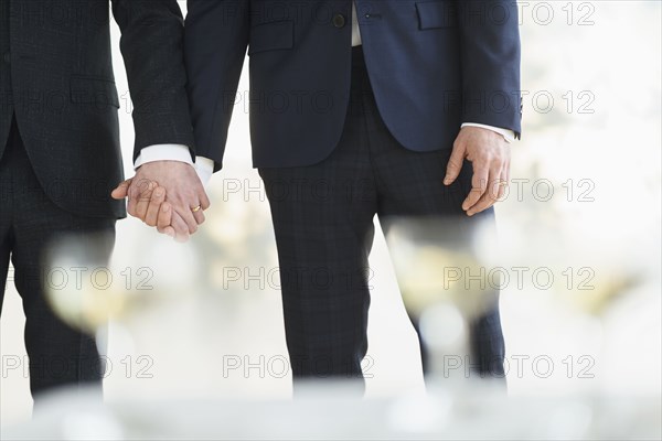 Caucasian gay grooms holding hands at wedding