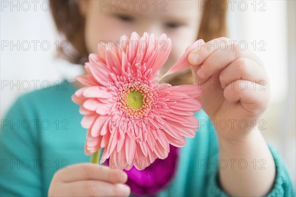 Caucasian girl plucking petal from flower