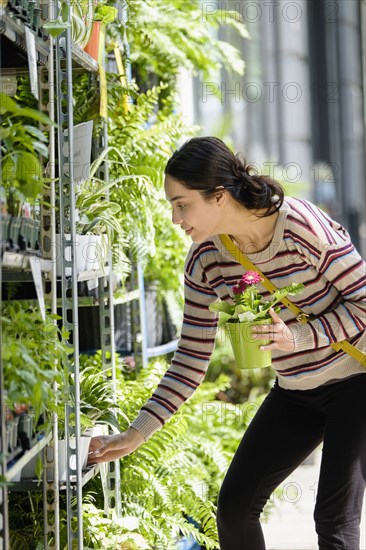 Hispanic woman shopping for plants in nursery