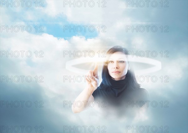 Mixed race businesswoman in clouds