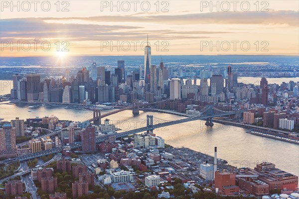 Aerial view of New York City skyline and sunset