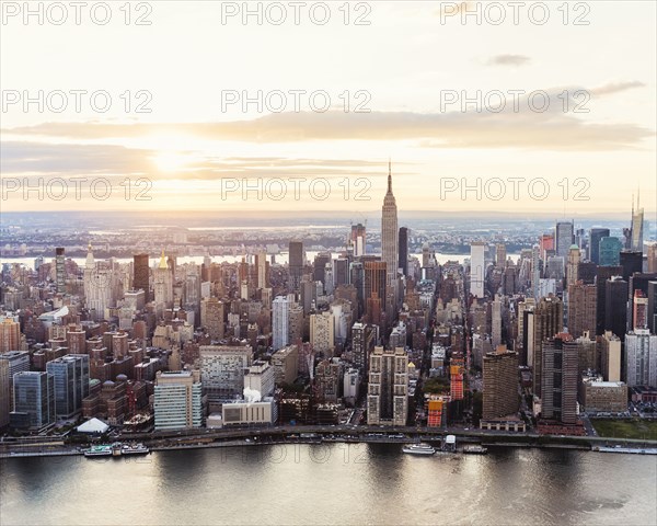 Aerial view of New York City skyline and sunset