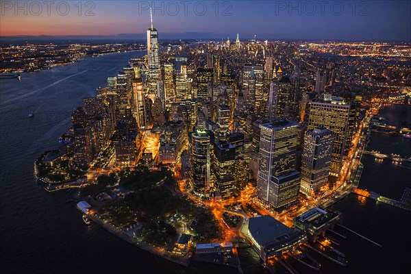 Aerial view of New York cityscape at night