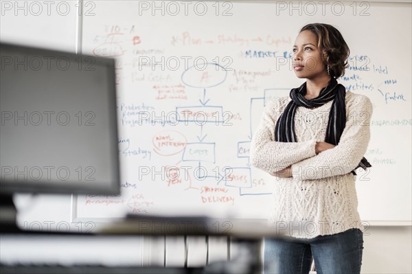 Pensive Black businesswoman thinking in office near whiteboard