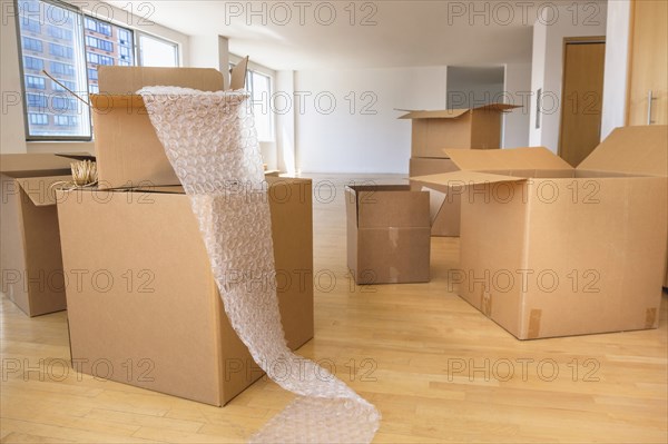 Cardboard boxes and bubble wrap in empty apartment