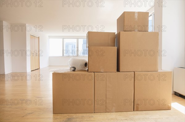 Cardboard boxes and bubble wrap in empty apartment