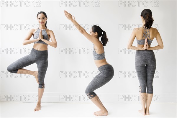 Series of Mixed Race woman doing yoga poses