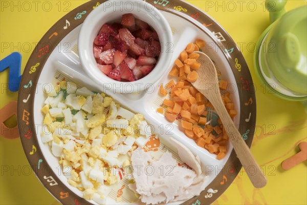 Baby food and spoon on plate