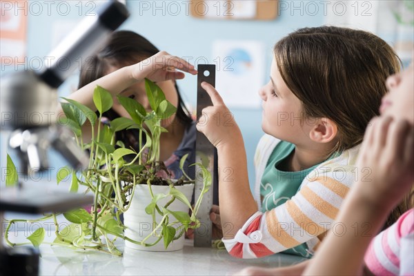 Girls measuring growth of plant in classroom