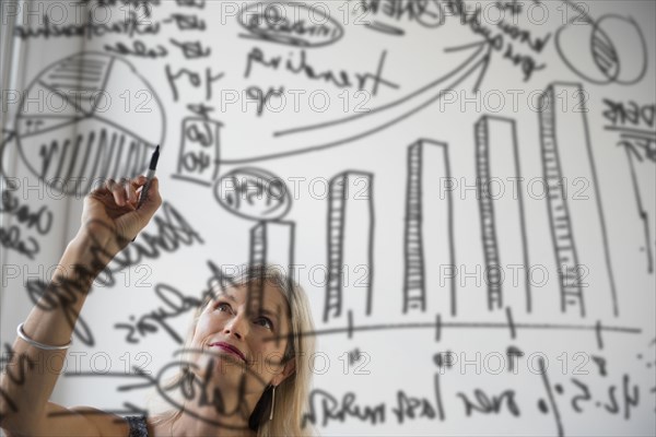 Caucasian businesswoman drawing chart on glass window