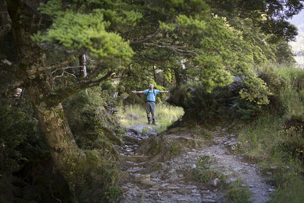 Chinese man standing in forest path