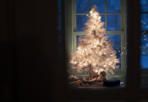 Illuminated white Christmas tree