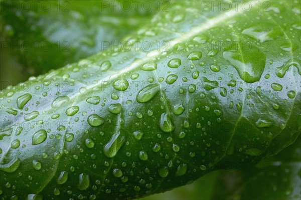 Close-up of green Tropical leaf with raindrops