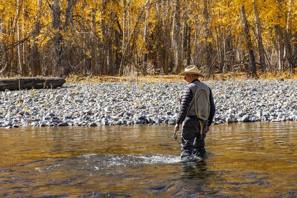 Rear view of senior fisherman