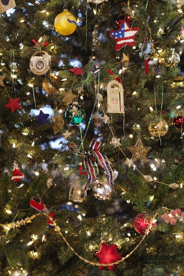 Christmas ornaments hanging on tree