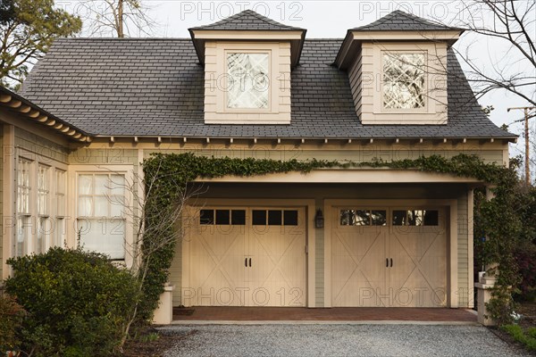 Garage doors in suburban home